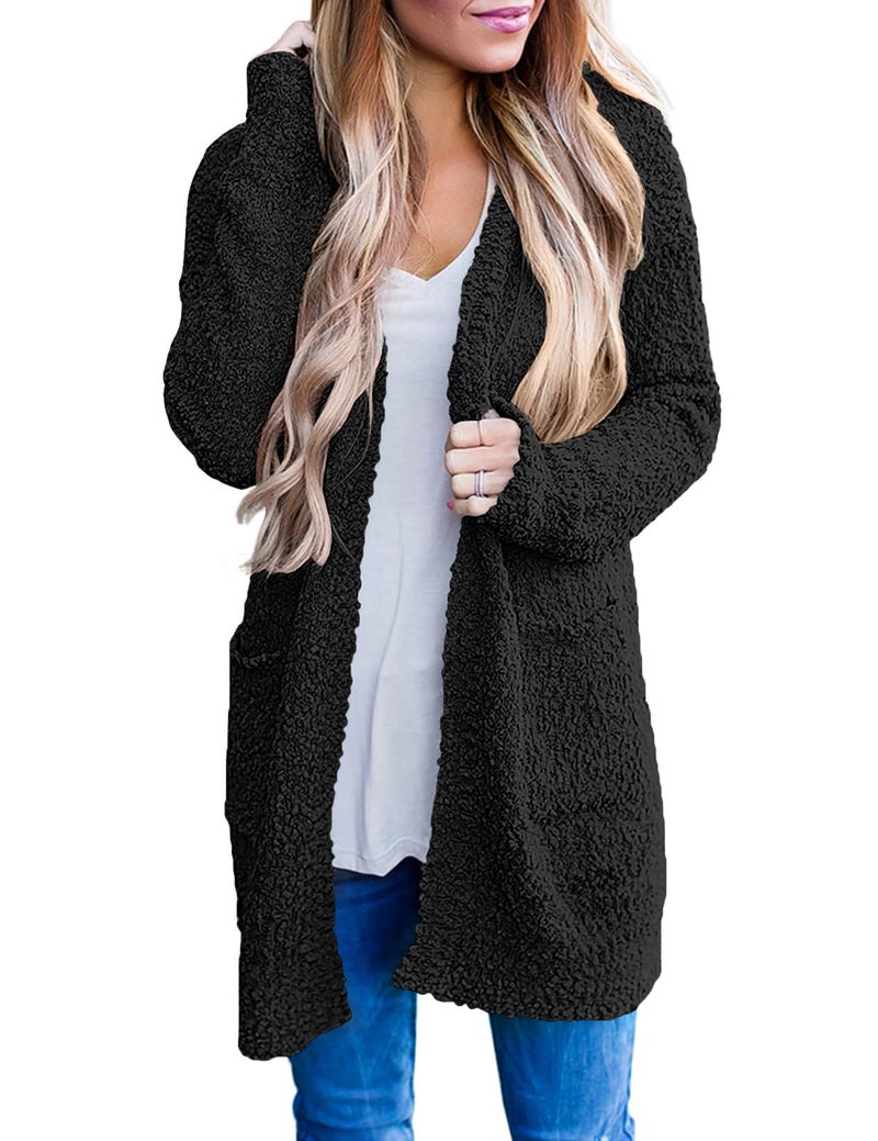 MEROKEETY Women's Long Sleeve Soft Chunky Knit Sweater Open Front Cardigan Outwear with Pockets,Black,Large - Image 1